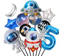 Finypa 12pc Space Theme Birthday Party Decoration Astronaut Spaceman Foil Balloons, Blue Aluminium Star Balloons for Boy 5th Birthday Decor