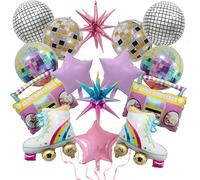 Finypa 15 Pieces Rainbow Roller Skate Boom Box Balloon, Gold Explosion Star Aluminum Foil Balloons, 4D Laser Disco Foil Balloons 80s 90s Retro Theme Hip Hop Disco Fever Birthday Party Balloon Decor