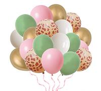 Finypa 80pcs Jungle Safari Animal Printed Pink & Sage Green Balloons - Wild One Giraffe & Leopard Safari Baby Shower Decorations for Girl Birthday Party Supplies