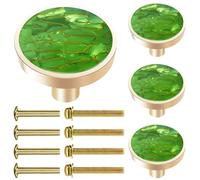 FINYSHIKK 4Pcs Round Cabinet Drawer Knobs Brass Decorative, 1.25" Polished Cabinet Handles, Gold Knobs for Dresser Jewelry Box Drawers, Pulls for Kitchen Bathroom Cabinets Door (Emerald Goldwire)