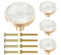 FINYSHIKK 4Pcs Round Cabinet Drawer Knobs Brass Decorative, 1.25" Polished Cabinet Handles, Gold Knobs for Dresser Jewelry Box Drawers, Pulls for Kitchen Bathroom Cabinets Door (Grey Marble)