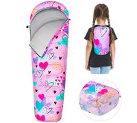 FIOBEE Kids Sleeping Bag for Girls Boys 3 Season Warm & Cool Weather 41-60.8℉ Camping Sleeping Bags with Backpacking Bag for Traveling Hiking Indoor Outdoor Camping Essentials Gear, Pink Love