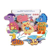 Fiocias Children Threading Board Wooden Lacing Toy Rope Threading Game Cartoon Character Board Hand Eye Coordination Practice Early Learning Activity, Dinosaur Style Lacing Game