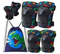 FIODAY Knee Pads for Kids Dinosaur Knee Elbow Pads Wrist Guards with Drawstring Bag Adjustable 7 in 1 Protective Gear Set for Boys Inline Skating Bike Cycling Skateboard Scooter, 3-8 Years, Black