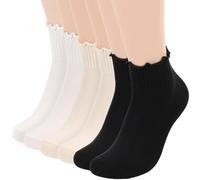 Fiohiros 6 Pairs Women's Frilly Socks, Soft Ankle Socks with Ruffle Design, Crew Length for Lady All Day Casual Wear (White+Black+Cream)