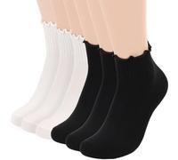 Fiohiros 6 Pairs Women's Frilly Socks, Soft Ankle Socks with Ruffle Design, Crew Length for Lady All Day Casual Wear (White+Black)
