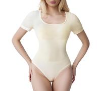 Fiohiros Short Sleeve Bodysuit Women,Women'S Bodysuits with Buckles, Waist Tightening Crew Deep Neck Short Sleeve Bodysuit