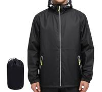 Fiohiros Unisex Packable Waterproof Jacket with Reflective Strips, Lightweight Raincoat for Outdoor Men Women (UK, Alpha, L, Regular, Regular, Black)