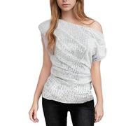 Fiohiros Women's White S Sequin Sparkly Off Shoulder Top, Ruched Wrap Glitter Top for Party, Bar Shirt