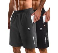 FIONECA 2 Pack Mens Athletic Shorts Quick Dry 7 Inch Running Shorts Breathable Mesh Gym Workout Shorts with Zipper Pockets, Black&dark Gray, Medium