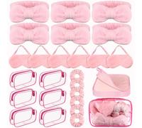 FIONUPI 30 Pcs Spa Sleepover Party Supplies 6 Bow Makeup Headband 6 Pink Plush Sleep Eye Mask 6 Velvet Scrunchies 6 Makeup Remover Cloth 6 Clear Cosmetic Bags for Women Slumber Party Favors, Pink