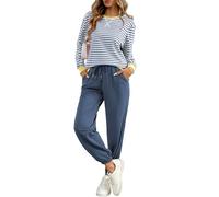 FIOPHY Women's Cozy 2 Piece Outfits Lounge Sets Striped Color Block Long Sleeve Top Jogger Sweatpants Sweats Track Suits Set, Blue&white, Small