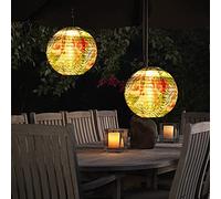 Fiorky 10 Inch Solar Powered Hanging Lanterns, Outdoor Waterproof Solar Painted Chinese Lanterns LED Round Garden Hanging Lantern for Patio Yard Pathway Decorations