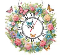 Fiorky 5D Diamond Art Ornaments Clock Kit, Acrylic Special Shape Flower Butterfly Diamond Painting Wreath Clock Art Craft Diamond Painting Clock Handicraft Living Room Decoration