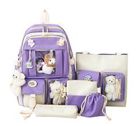 Fiorky 5Pcs Canvas School Backpack Combo Set, Kawaii Women Backpack Korean Cute Student Girl Large Capacity Schoolbag Book Bag Style Backpack for Teenage Girls