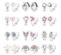FIOROYAL 12 Pairs Kids Clip on Earrings for Girls Teenager Cute Hypoallergenic Shiny Butterfly Heart Flower Pearl Non Pierced Multicolor Pink CZ Clip Earrings Set