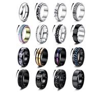 FIOROYAL 16 Pcs Mens Rings Silver Black Stainless Steel Stress Relief Anti Fidget Anxiety Ring Spinner Band Spinner Rings Wedding Engagement Promise Men's Rings Set Size-v10