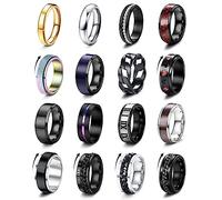 FIOROYAL 16Pcs Mens Rings Set, Stainless Steel Fidget Rings, Celtic Cool Chain Band Spinner Wedding Promise Men's Rings, Black