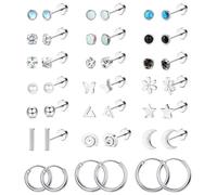 FIOROYAL 21Pairs Flat Back Earrings Surgical Stainless Steel silver Stud Hoop Earrings Set for Women Hypoallergenic Cartilage Helix CZ Opal Star Moon 20G Small Stud Earring Piercing Jewellery Silver