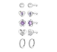 FIOROYAL 5 Pairs 925 Sterling Silver Stud Earrings for Women Girls - Hypoallergenic Dainty CZ Heart Butterfly Flower Studs Small Hoop Earrings Set FLO