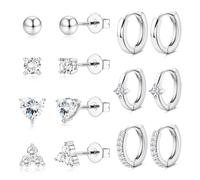 FIOROYAL 7 Pairs 925 Sterling Silver Stud Post Earrings Set for Women Girls,Hypoallergenic Small Stud Hoop Earring,Multiple Piercing Cartilage Earrings Stack Dainty Ball Heart Studs Cubic Zirconia E