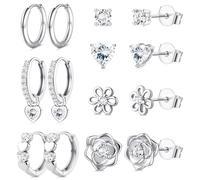FIOROYAL Hypoallergenic Sterling Silver Earrings for Women Girls-Small 925 Silver Stud and Hoop Earring Stack Set-Cute Zirconia Flower Heart Cartilage Sleeper Earrings Jewellery Gifts for Women Flo