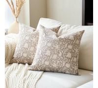 FIOUOVO Floral Throw Pillow Covers 18x18 Farmhouse Block Print Pillow Covers Decorative Pillow Covers Couch Pillows for Living Room Vintage Accent Sofa Pillows Set of 2, Taupe Grey