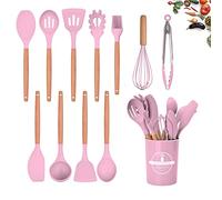 FIOUSY Kitchen Utensil Set, 12 PCS Silicone Cooking Utensils Set with Wooden Handle, Heat Resistant, Nonstick Cookware Tongs Spatula Spoon Set, Dishwasher Safe, Best Kitchen Tools (Pink)