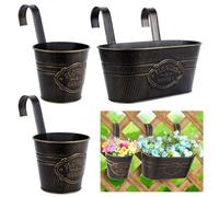 Fippy 3PCS Metal Hanging Flower Pots, Large Hanging Planter Pots with Detachable Hook, Fence Hanging Plant Pots for Balcony Railing Garden Decor (Vintage)