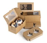 Fippy 50 Pieces Cupcake Boxes 2 Hole with Window and Cardboard, Brown Paper Kraft Cakes Boxes Small Bakery Pastry Boxes for Cupcake Pastry Cookies Desserts, Kraft