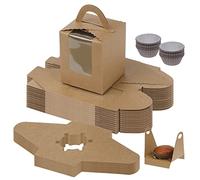 Fippy 50 Pieces Individual Cupcake Boxes with 100PCS Paper Cupcake Cases, Brown Single Cupcake Boxes with Window, Small Cakes Boxes for Birthday, Weddings Parties, Bakery Shop, (1 Hole(Brown)