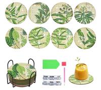 Fippy 8PCS Diamond Painting Coasters with Holder, DIY Art Coasters Set, Various Theme Coaster Kit Craft Supplies for Beginners, Kids(Plant)