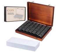 Fippy Wooden Coin Collection Box with 100 Coin Capsules, Coin Storage Box | Vintage Brown Coin Storage Case with Adjustable EVA Inserts, Fit for 18mm 21mm 25mm 27mm 30mm Coins
