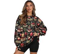 Fiqyvagox Christmas Day Womens Round Neck Sweatshirts with Pockets Long Sleeve Trendy Pullover Casual Comfy Drop Shoulder Loose Fit Tops Clothes, Ornament Ball Candle Book Snowflake Black, M