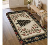 Fir Tree Area Rug, Winter Traditional Berries Leaves Winter Black Low Pile Foam Doormat Throw Rug Edge Binding Bathroom Entryway Kitchen Bedside Decor 3' X 5'