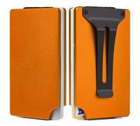 FIRDIKT Minimalist Wallet for Men, Slim Metal RFID Blocking Wallet Credit Card Holder Money Clip & Cash Strap, Scratch-Resistant Holds 15 Cards,Ideal Gift for Men, A2 Matte Orange, Minimalist Wallet