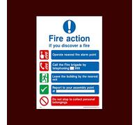 Fire Action Discovering a fire Plastic Sign - Fire, Assembly Point, Break Glass, Lift, Alarm, Extinguisher - (FA14)