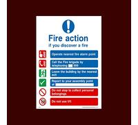 Fire Action if you discover a fire - Call the Fire Brigade on 999 Plastic Sign with 4 Pre-Drilled Holes (FA2) - Fire, Assembly Point, Break Glass, Lift, Alarm, Extinguisher