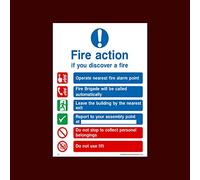 Fire Action if you discover a fire - Fire brigade will be called automatically Sticker/Self Adhesive Sign - Fire, Assembly Point, Break Glass, Lift, Alarm, Extinguisher - (FA1)