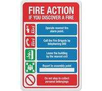 Fire Action If You Discover A Fire Metal Sign 8x12 Inch | Five-step fire action guide: alarm, call, evacuate, assemble. Weatherproof aluminum for workplaces and public buildings.