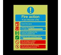 Fire Action if you discover a fire Photoluminescent Plastic Sign with 4 Pre-Drilled Holes - Emergency/Fire Exit/Extinguisher (FA99)
