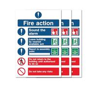 Fire Action Notice Signs 3-Pack Strong Adhesive Vinyl Safety Stickers - 135mm x 200mm - Weatherproof Indoor/Outdoor Signage for Fire Safety Compliance