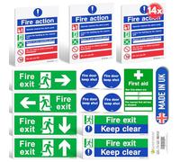 Fire action Signs x3 rigid PVC plus Self Adhesive Vinyl 14Pcs, Waterproof Mixed Set Decals Fire Exit & Door Signs, for Indoor Outdoor Use - Rigid PVC. Made In UK by PrintKings
