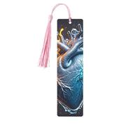 Fire and Water Heart Wooden Bookmarks 5pcs with Pink Tassels Handmade Double-Sided Printed Book Marks Page Markers Book Accessories Gift for Book Lovers Women Men