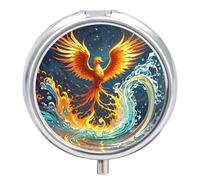 Fire and Water Phoenix Pill Box - 3 Compartment Travel Pill Organizer with Small Mirror, Portable Pillcase for Pocket & Purse, Cute Round Medicine Case, Weekly Medicine Container