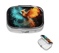 Fire and Water Phoenix Pill Case with Mirror Retro 2 Compartment Pill Box Small Pill Organizer for Purse or Pocket Decorative Metal Medicine Vitamin Organizer Unique Gifts