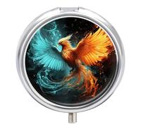 Fire and Water Phoenix Travel Pill Organizer with Mirror Design 3-Compartment Round Pill Box for Purse, Pocket Metal Medicine Case for Vitamins, Supplements, Portable Small Pillcase