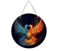 Fire and Water Phoenix Wooden Ornament with Hole, Round Wood Slice Decorations Door Hanging Sign Decorative Plaque with Twine, Door Hangers, Painting, Home Wall Decor, Christmas Decor