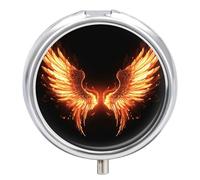 Fire Angle Wings Pill Box 3 Compartment Travel Pill Organizer 3 Times A Day Cute Mini Pill Case for Purse & Pocket Portable Metal Medicine Box with Mirror Round Daily Medicine Vitamin Container
