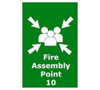 Fire Assembly Point 10 | 30cm x 20cm | Green - Foamalux PVC Plastic Sign for Emergency Evacuation, Workplace Safety, Public Buildings, Compliance | UK-Made with Renewable Energy | Low Carbon Footprint